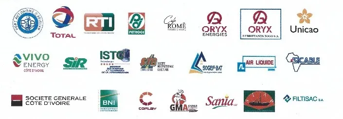 Logos de clients de CIMTI : Total, Petroci, Société Générale Côte d'Ivoire, Air Liquide, Port Autonome d'Abidjan, Vivo Energy, BNI et d'autres